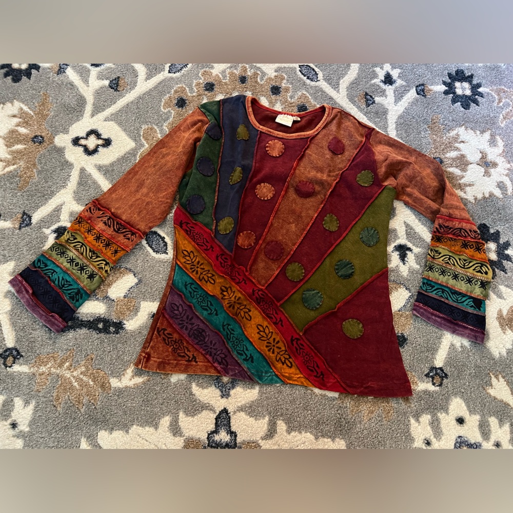 Y2K Rainbow Floral Patchwork Boho Hippie Long Sleeve Shirt